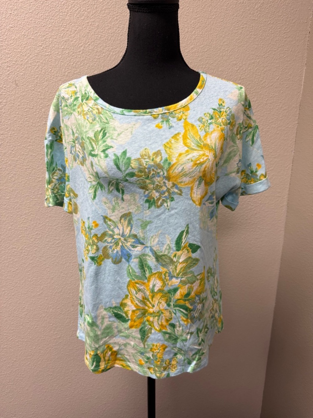 Talbots Floral Linen Blend Top Blue Yellow Short Sleeve Summer Shirt L - Picture 2 of 9